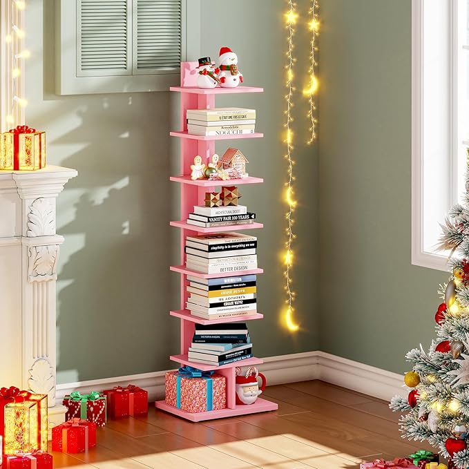 TUTOTAK Bookshelf, 8-Tier Bookcase, Narrow Spine Book Shelf