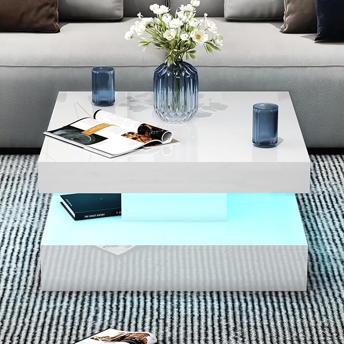 HedoAjim LED Coffee Table for Living Room, Living Room Table 2-Tier Square