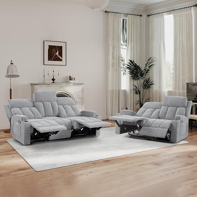 CANMOV Manual Recliner Sofa Set, Fabric Reclining Sofa Chair