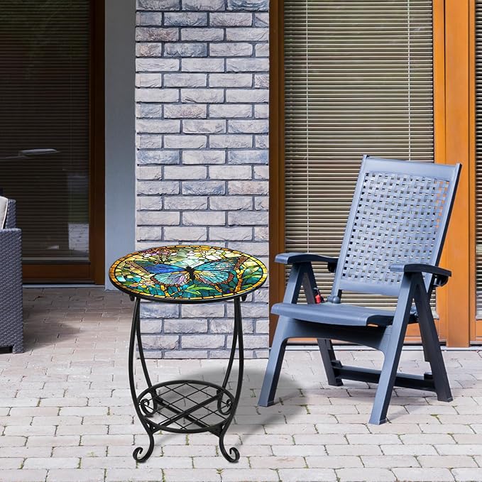 Cinnvoice Outdoor Side Table Round Small Mosaic Patio Accent Indoor End Plant