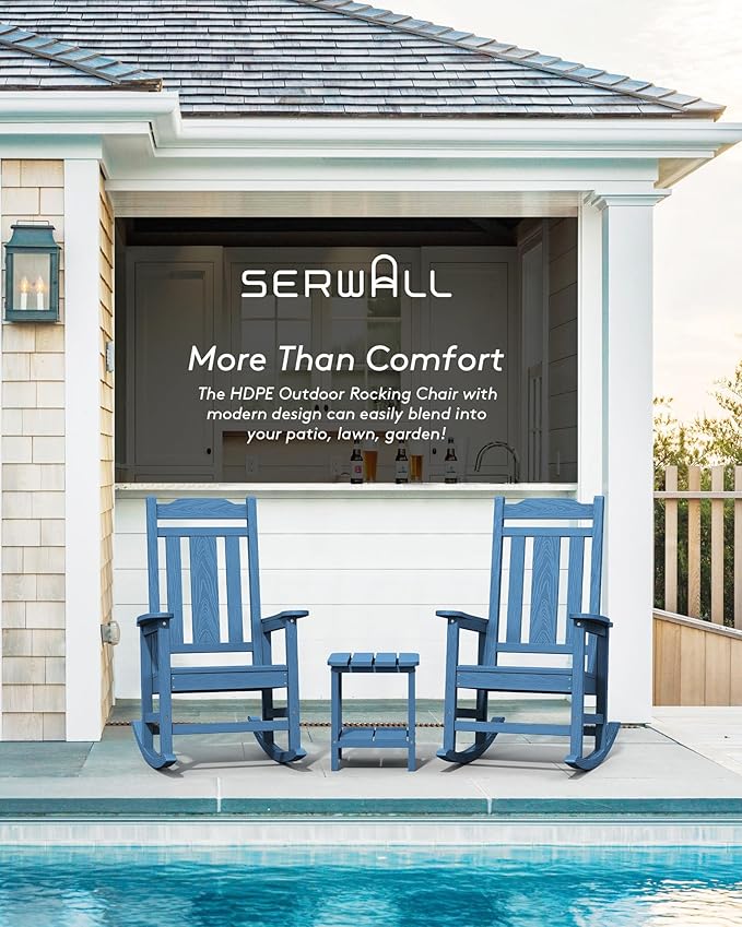 SERWALL Blue Outdoor Rocking Chair Set of 2, All Weather Patio Rocking Chair