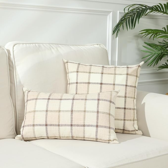 Stellhome Fall Linen Buffalo Check Throw Pillow Covers, Autumn Farmhouse Plaid