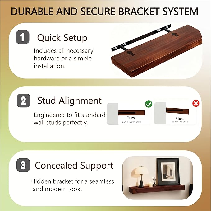 Solid Wood Floating Shelves, 15in Finished Real Wood Wall Shelves