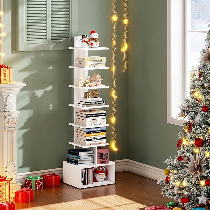 TUTOTAK Narrow Bookshelf, Vertical 8-Tier Bookcase, Spine Book Shelf