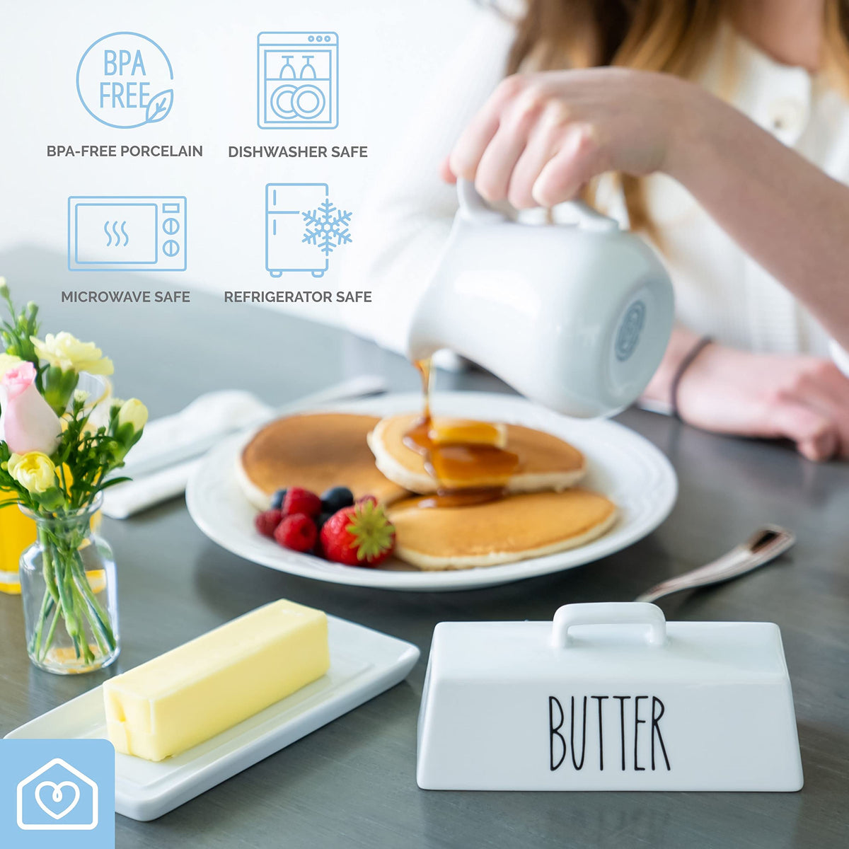 Heartland Home Porcelain Covered Butter Dish with Lid for Countertop (Lid with Handle). 7.6" x 3.8" Butter Holder Container for One Stick of Butter. Textured Tray Butter Keeper for Non Slip Storage