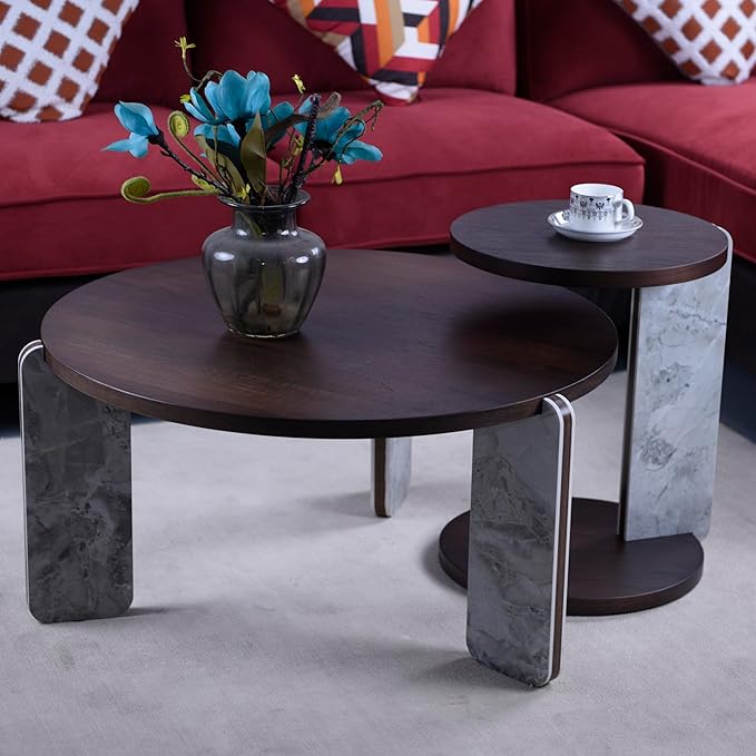 GDFStudio Round Nesting Coffee Table Set of 2, Modern Wooden Accent Side Table