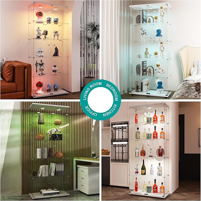 FANYUSHOW Display Cabinet with Glass Door and LED Light, 5-Tier Tempered Glass