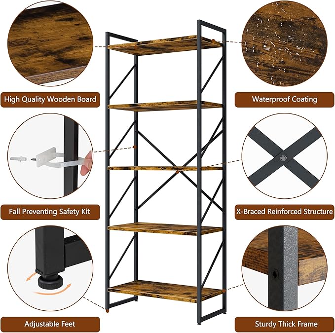 Shintenchi 2 Pieces 5 Tiers Bookshelf, Classically Tall Bookcase Shelf