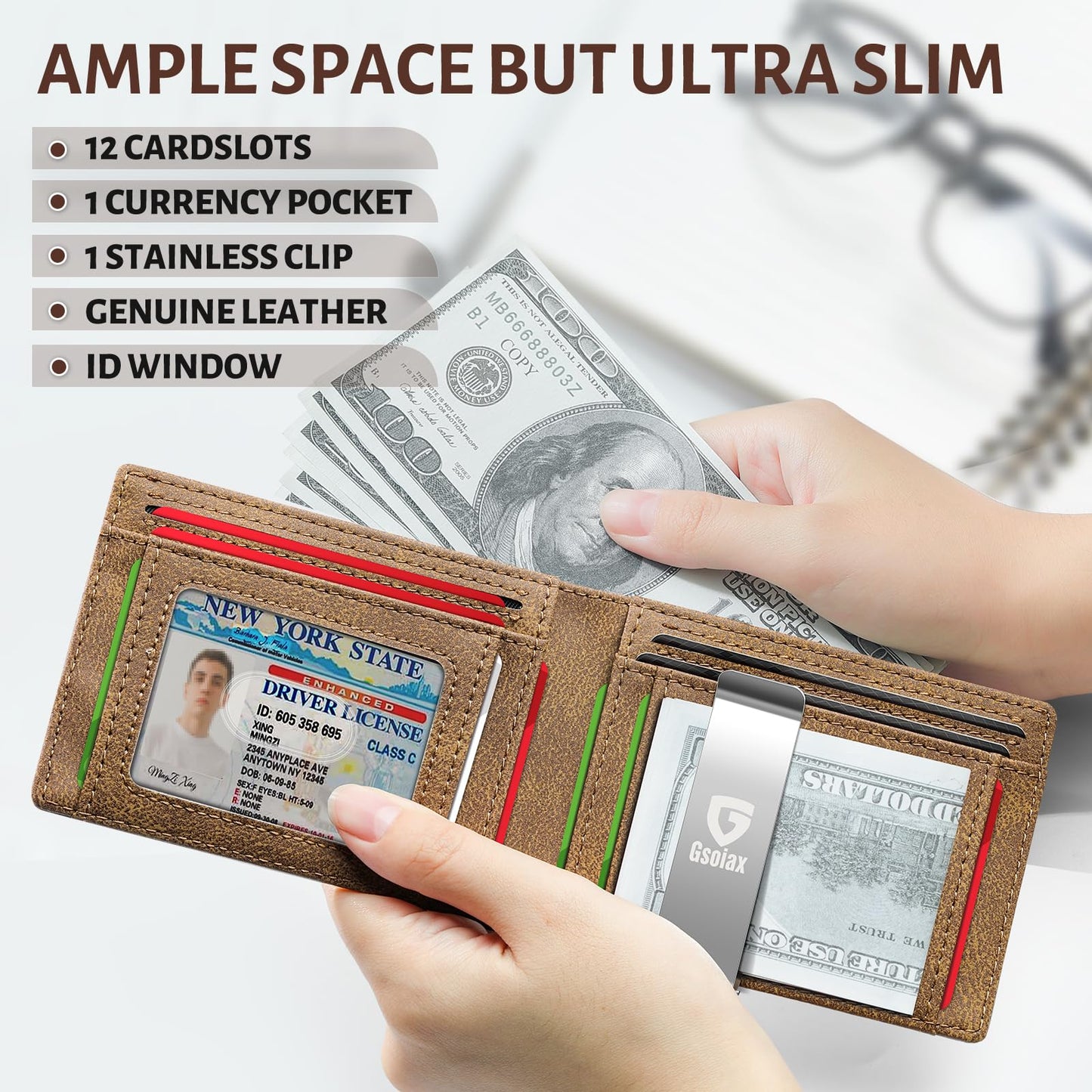 GSOIAX Slim Leather RFID Bifold Wallet for Men Minimalist Front Pocket Wallet with Money Clip,12 Card Slots,ID Window,Cool Groove Design,Includes Gift Box(Retro Brown)