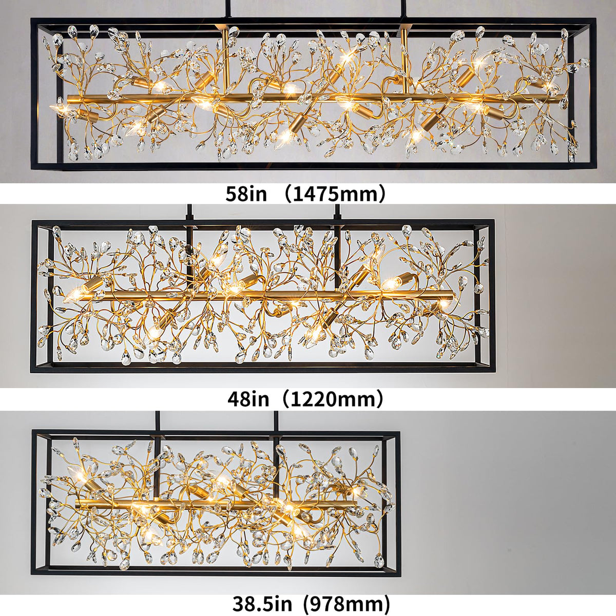 Vezzio Black and Gold Crystal Chandeliers for Dining Room, 8-Light Rectangle Modern Farmhouse Light Fixture, L38.5 in Adjustable Linear Chandelier Kitchen Island