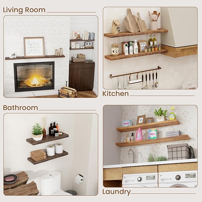 FLYJOE Floating Shelves for Wall Decor, Rustic Solid Elm Wood Live Edge