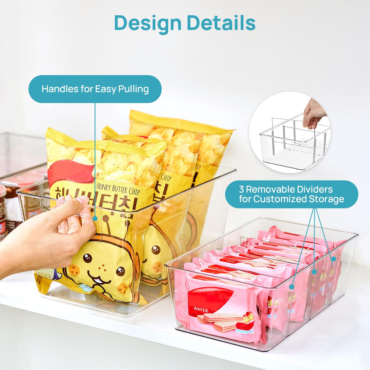 Vtopmart 8 Pack Clear Plastic Storage Bins Set, 4 Large Pantry Organizer Bins with Handle and 4 Medium Snack Organizer Bins with 4-Compartment for Pantry, Kitchen, Fridge, Cabinet Organization