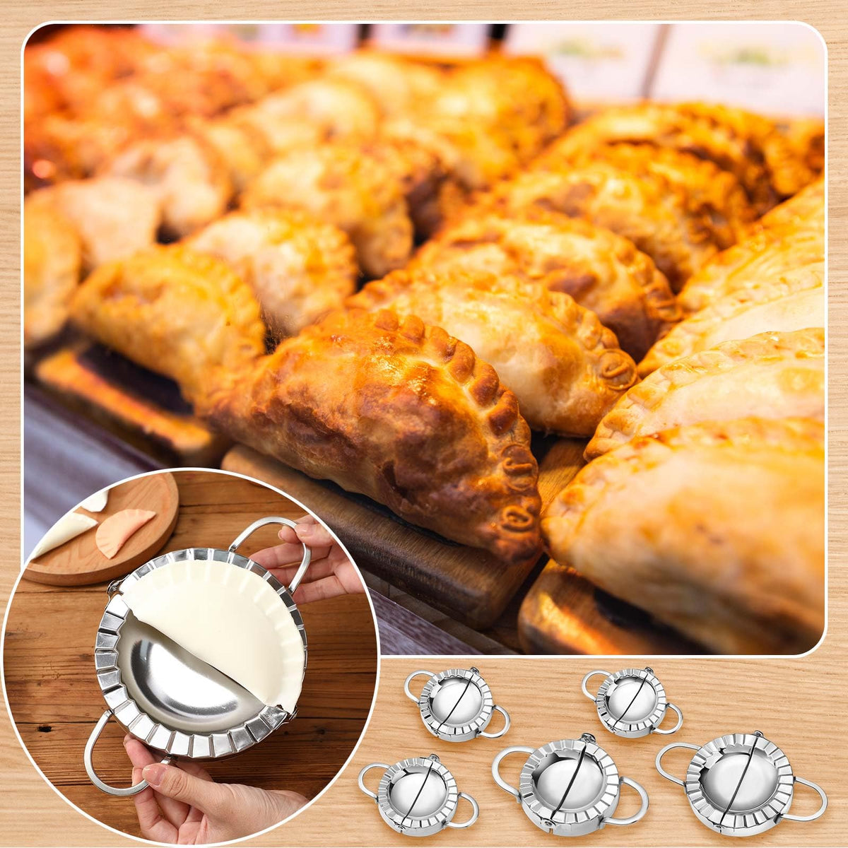 Vesici 5 Pack Stainless Steel Dumpling Maker Dumpling Press Perogies Maker Press Dumpling Wrapper Stamp Ravioli Mold Pastry Dough Cutter Various Sizes Kitchen Accessories, 2.95/3.35/3.74/4.92/5.91 In