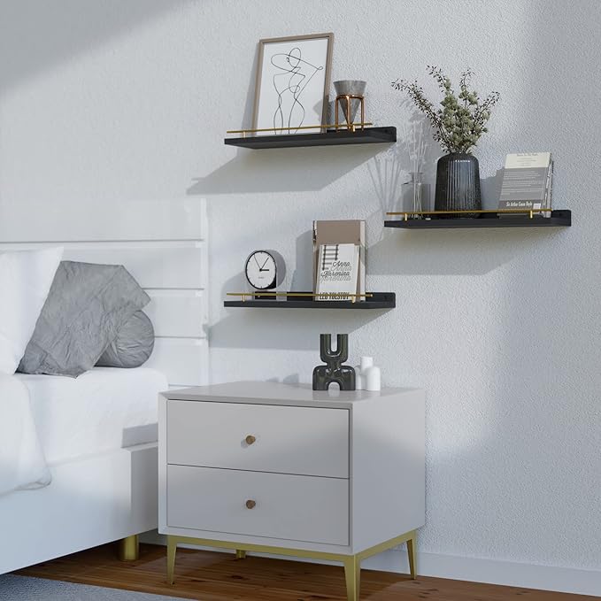 WOPITUES Floating Shelves with Gold Metal Guardrail, Shelves