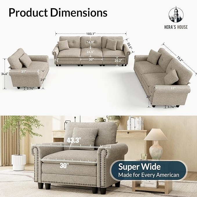 HERA'S HOUSE 3 Pieces Modular Sectional Sofa Sets, Oversized Couch Set