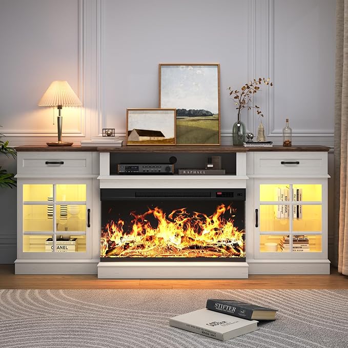 MXV 80" Fireplace TV Stand, 3-Sided Glass Fireplace and Modern Entertainment