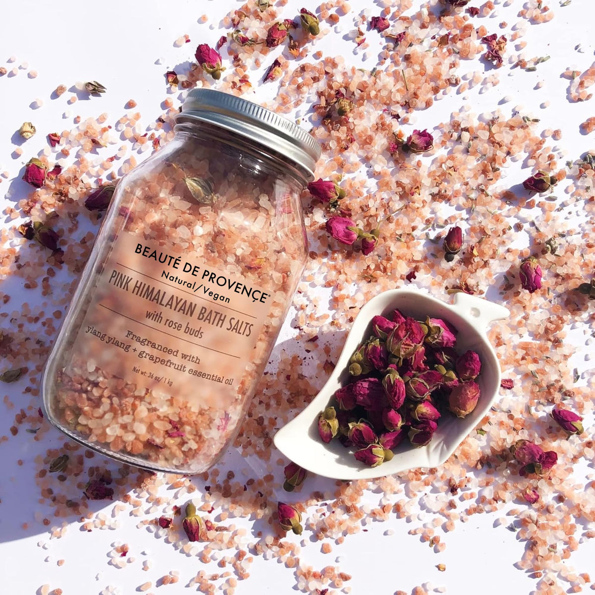 Beaute DE Provence Pink Himalayan Bath Salt with Rose Petals - 100% Natural Aromatherapy & Relaxation - Ylang Grapefruit Essential Oil Bath Salts for Women - Cruelty-Free, Revitalize & Soothes Skin