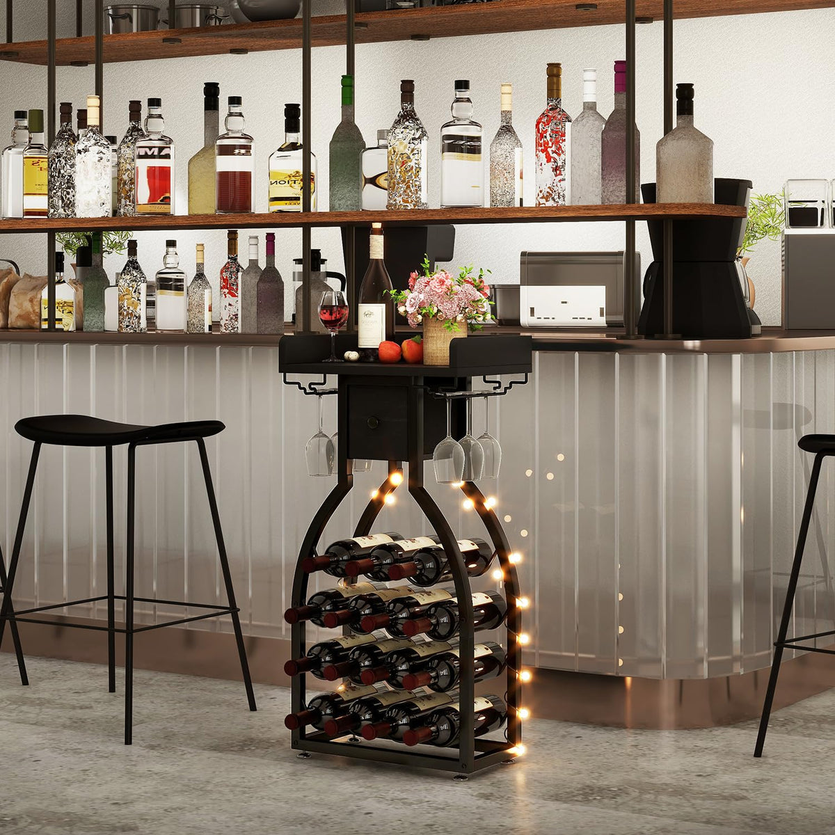 IBUYKE Wine Rack Freestanding Floor,Wine Storage 15 Bottles Bottle Rack with Glass Holders, Mini Bar Wine Cabinet with Storage Drawer for Home Bar Kitchen Dining Room,Black,UTMJ908B
