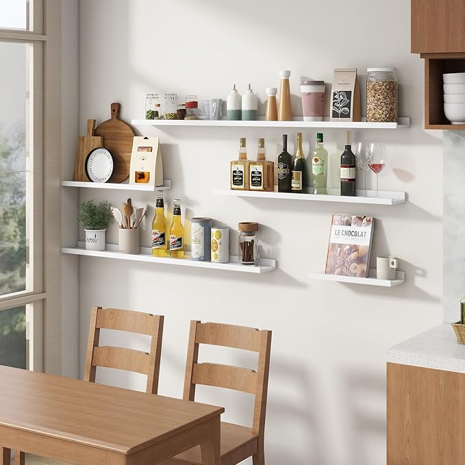 Floating Picture Ledge Shelves Set of 8, 16 Inch Solid Wood Wall Shelves