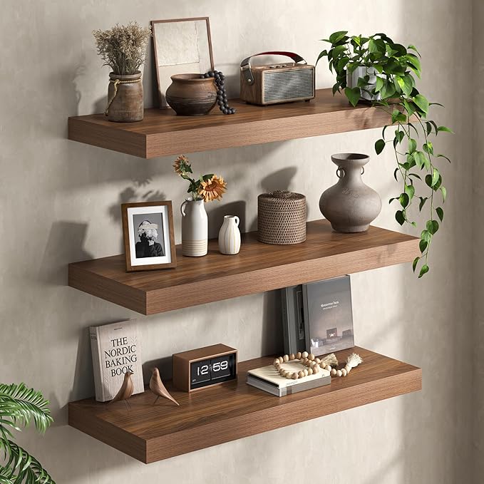40Inch Walnut Floating Shelves for Wall, 12 Inch Deep Shelves for Bedroom