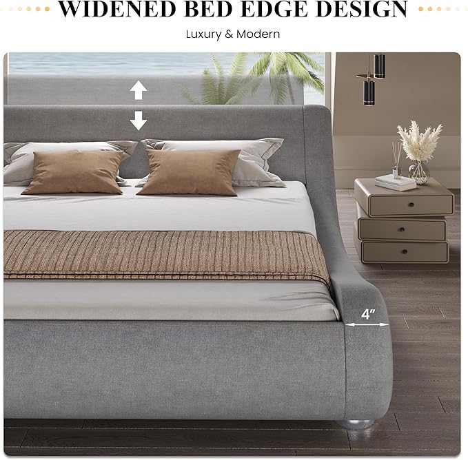 SHA CERLIN Full Size Upholstered Bed Frame, Deluxe Low Profile Sleigh Bed