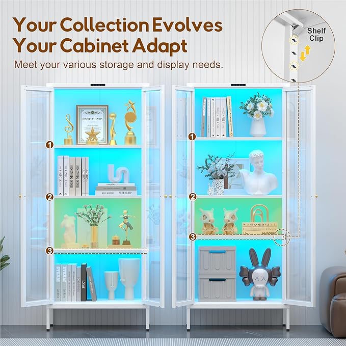 UNICOLY Display Cabinet with Glass Doors, Glass Display Cabinet with 8 Color