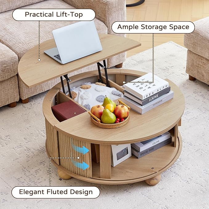 Fluted Round Lift Top Coffee Table