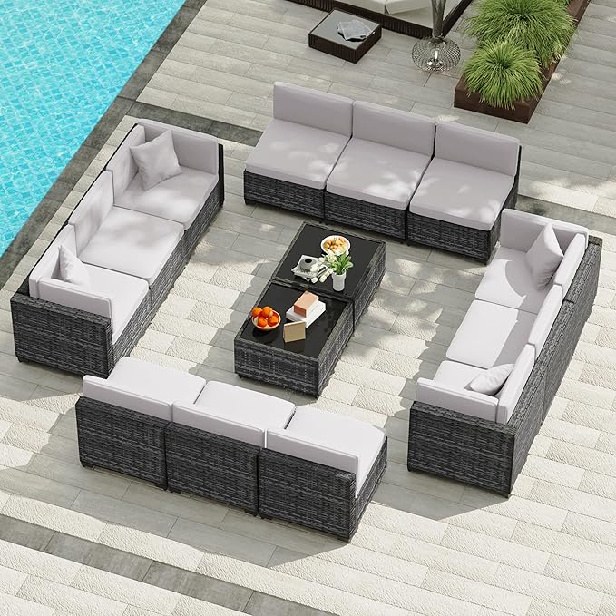 KIGOTY Patio Furniture Set, 14 Pieces Modular Outdoor Sectional Sofa, PE Rattan