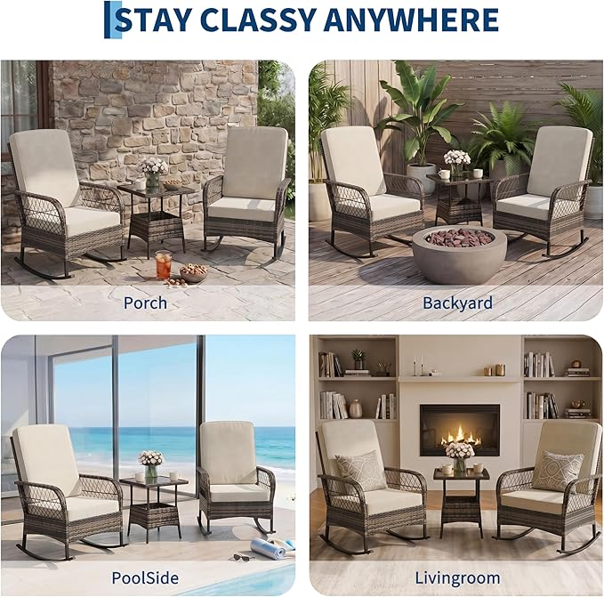 GarveeHome 3-Piece Outdoor Rocking Chair Set, Wicker Rattan Patio Furniture