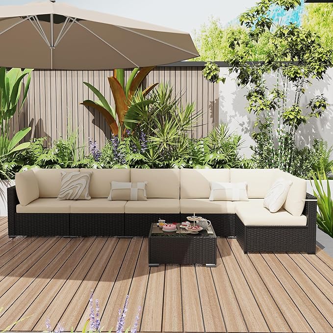 KIGOTY 7-Piece Patio Furniture Set, All-Weather PE Rattan Outdoor Sectional Sofa