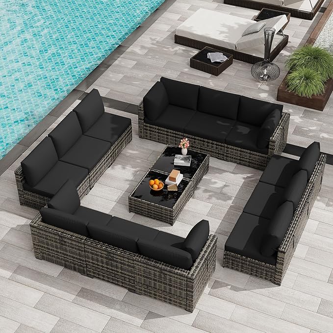 KIGOTY 14-Piece Patio Furniture Set, All-Weather PE Rattan Outdoor Sectional
