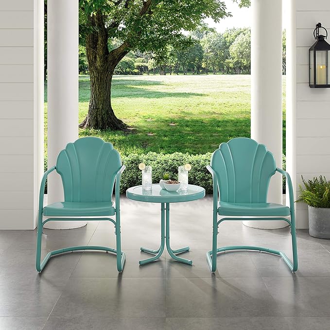 Crosley Furniture Tulip 3-Piece Outdoor Chair and Side Table Set, Retro Metal