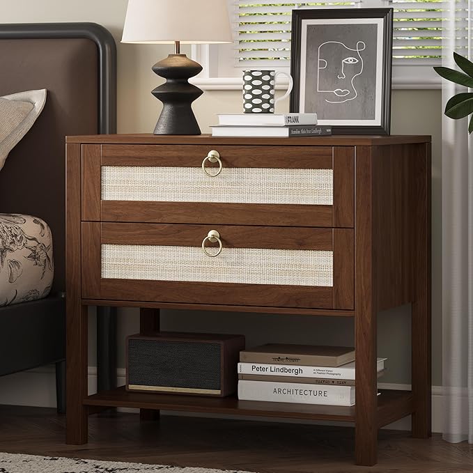 Xixini Nightstand Set of 2, Rattan Boho Bedside Table