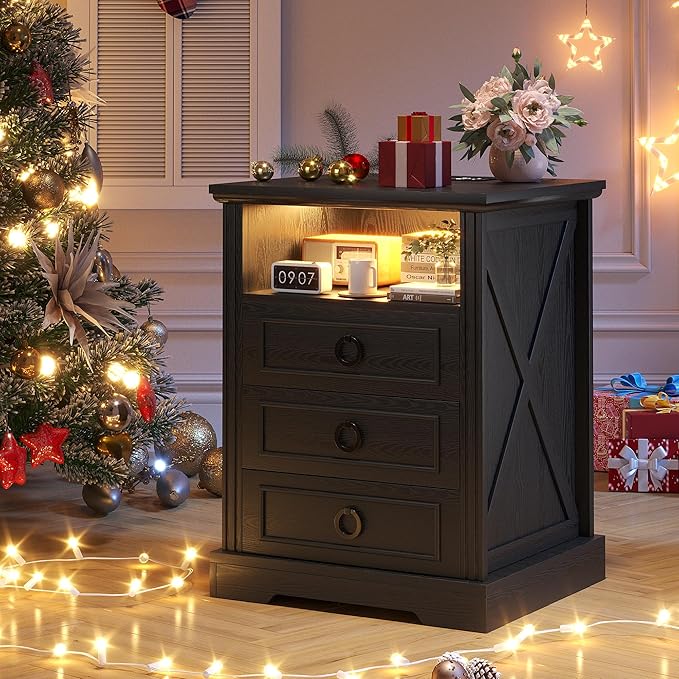 Nightstand Set 2 with Charging Station, Farmhouse End Side Table with 3 Drawers