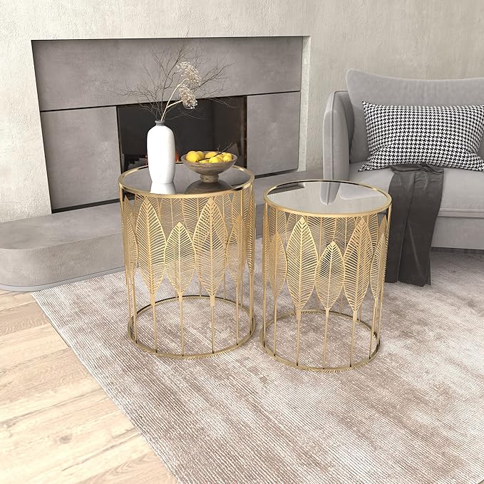 Homebeez Gold Nesting Tables Set of 2, Glam Leaf Design Round End Table