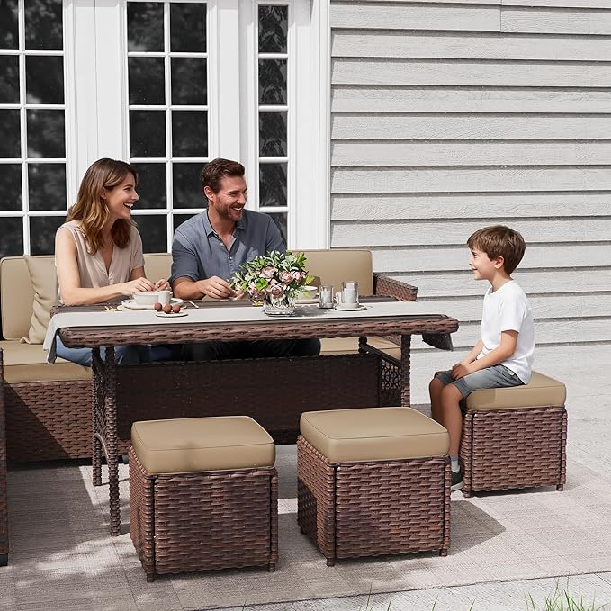 KIGOTY 7 Piece Patio Furniture Set, Outdoor PE Wicker Rattan Outdoor Dining Set