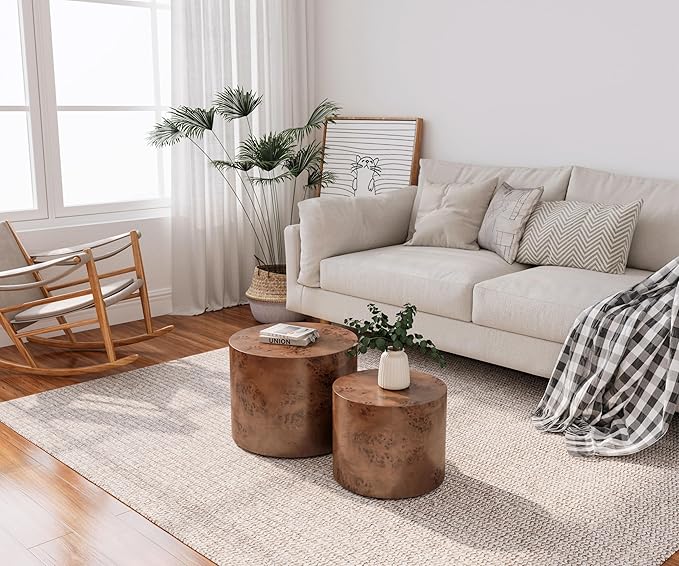 Round Nesting Coffee Table Set of 2, Modern Wooden Circle Burl Accent Tables