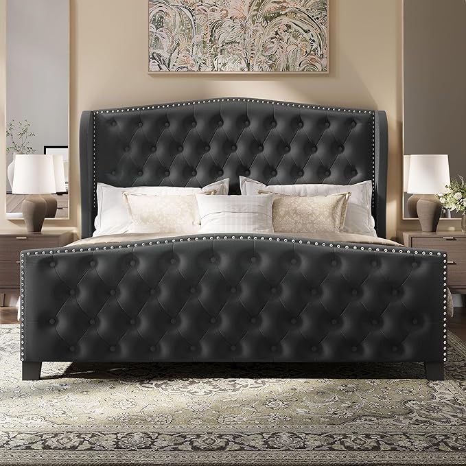BRELTAM Upholstered Queen Size Bed Frame Velvet Tufted Platform Bed Frame
