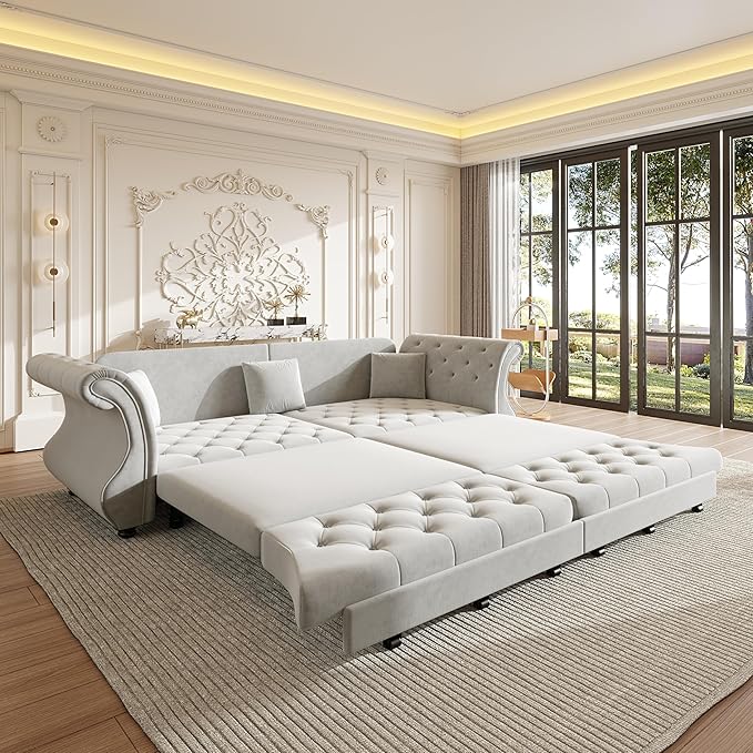 97.6" Oversized Pull Out Sofa Bed, Chesterfield Velvet Sleeper Sofa Couch