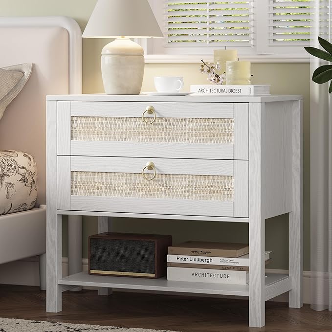Xixini Nightstand Set of 2, Rattan Boho Bedside Table