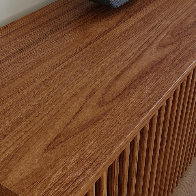 POVISON Full Assembled Mid Century Modern TV Stand, Wood Slatted Media Console