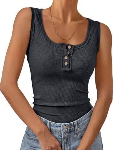 Kissfix Tank Tops for Women Summer Casual Cute Sleeveless Henley Shirts Beach Vacation Clothes Basic Tees Black Grey M