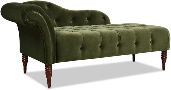 Pemberly Row Tufted Roll Arm Chaise Lounge, Olive Green Velvet Upholstery