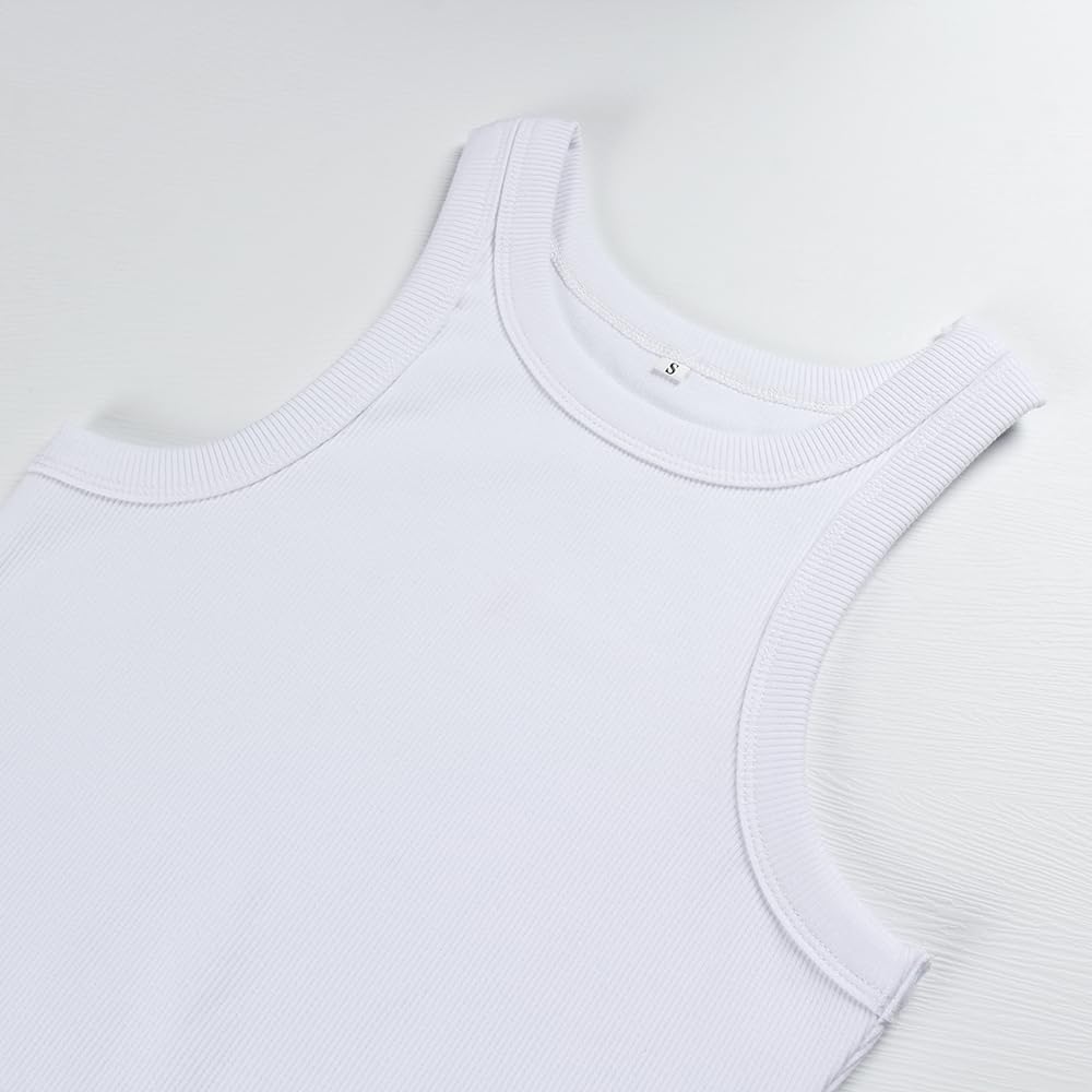 Artfish Women's Sleeveless Full Length Ribbed Fitted Racerback Workout Crew High Neck Basic Tank Top (White, L)