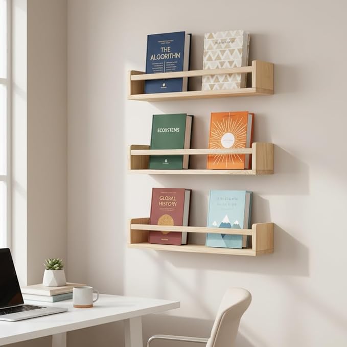 AZSKY 24 Inch Natural Pine Wood Floating Shelves, Nursery Book Shelves
