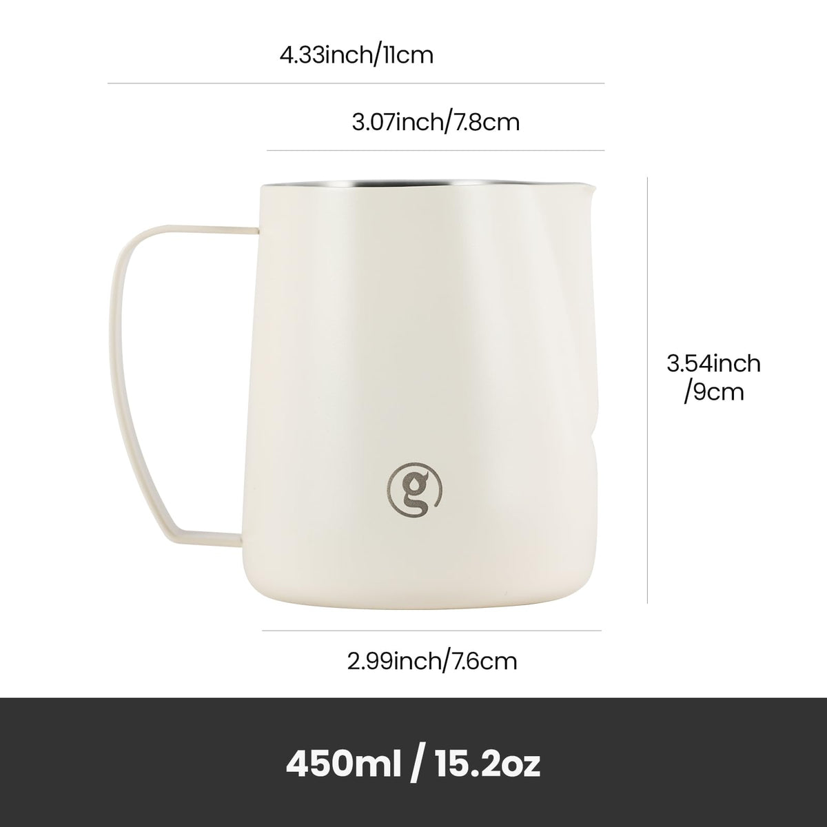 Gemilai 450ml Milk Frothing Pitcher -15.2oz Professional Coffee Steaming Jug for Lattes, Cappuccinos & Espresso, Heat-Resistant Handle, Easy Pour Spout, Durable & Easy to Clean,White