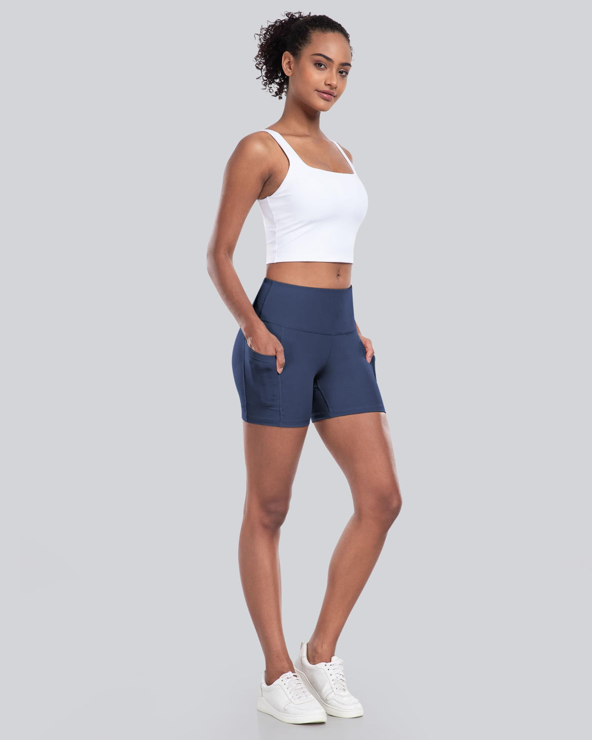 CHRLEISURE Womens Biker Yoga Shorts with Pockets: High Waisted Tummy Control Spandex Workout Athletic Gym Shorts 4 Packs(5'' Black,Gray,Navy,Wine, M)