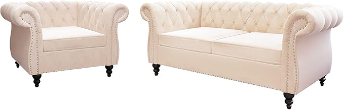 ORRD 2 Piece Living Room Set, Velvet Chesterfield Sofa Loveseat Couch Chair