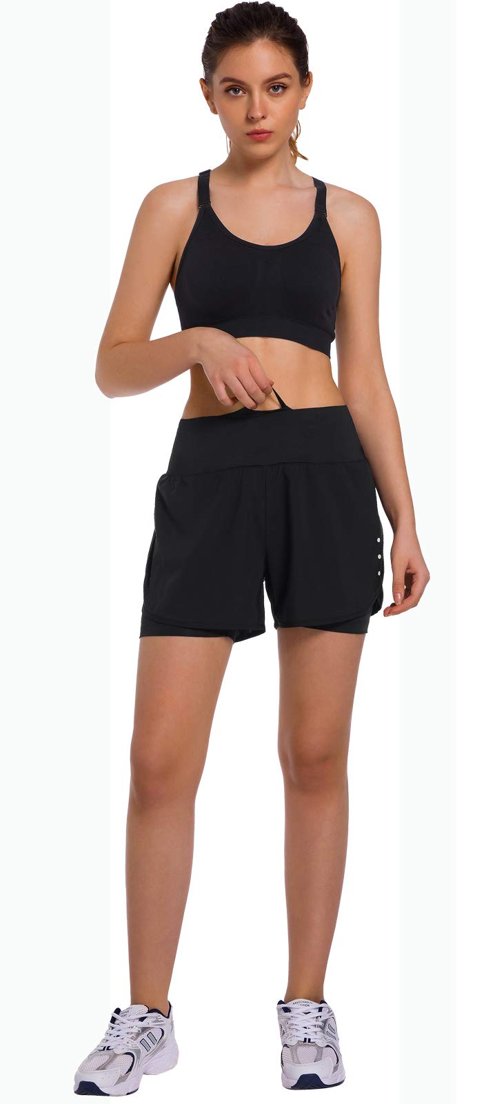 Ksmien Women's 2 in 1 Running Shorts - Lightweight Athletic Workout Gym Yoga Shorts Liner with Phone Pockets Black