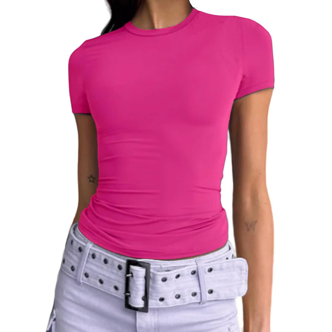 Dwnval Women Sexy Basic T Shirts Tops Summer Short Sleeve Crewneck Slim Fit Cute Crop Top Blouses(Hot Pink, S)